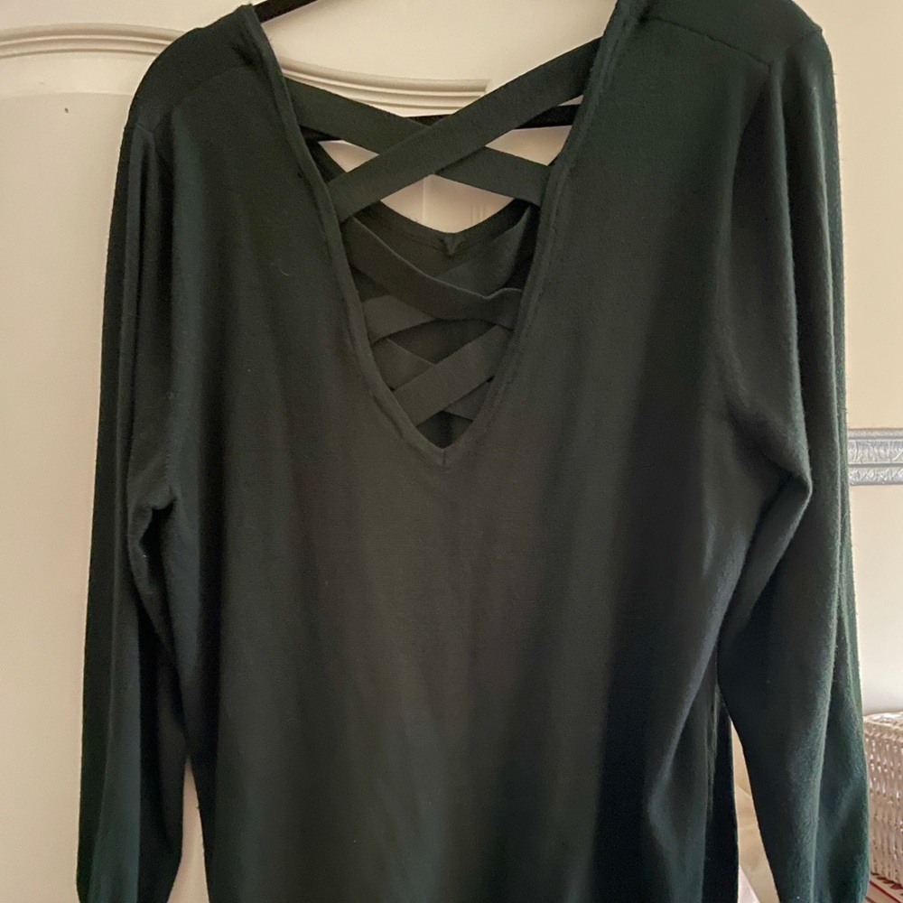 Love Ellie Dark Green light weight sweater with back cross detail 1X